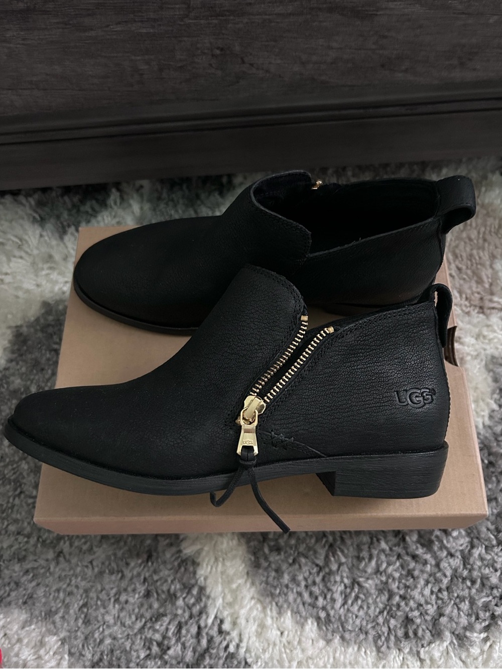 UGG Glee Black Leather Side-Zip Ankle Booties